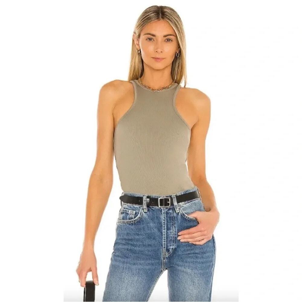 Anine Bing Morgan Tank Green Ribbed Racerback Top Size Small